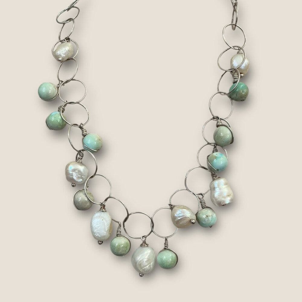 Baroque Pearl & Gemstone Sterling Silver Necklace 18" Long 52.6g Unique  Design